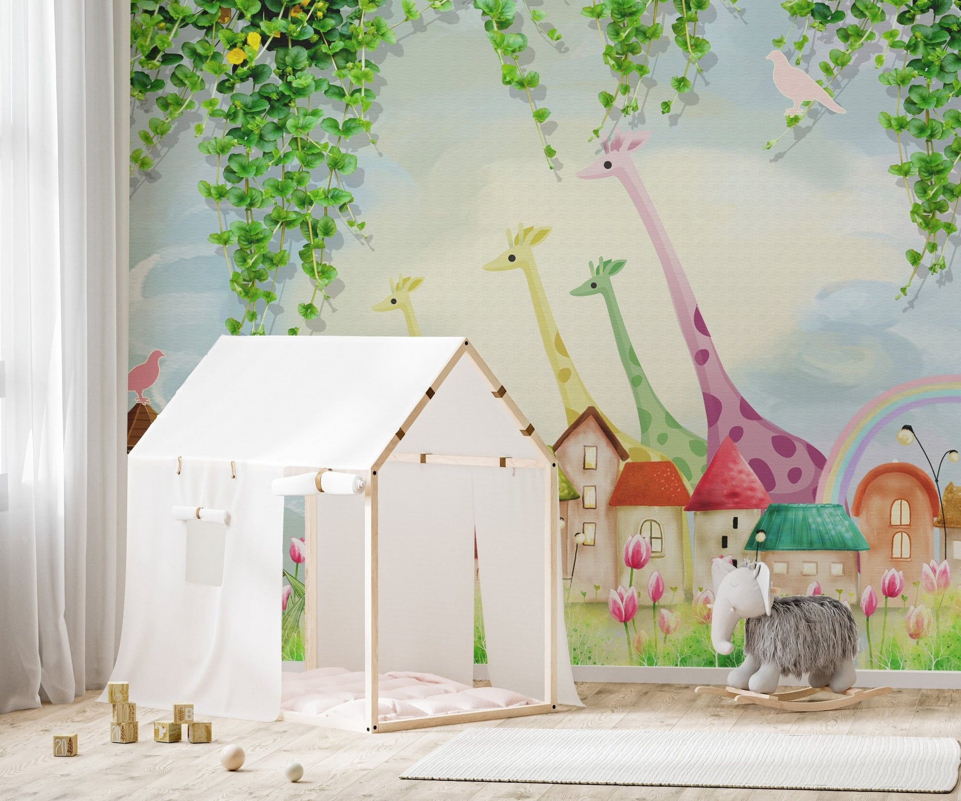 Soft pastel farmyard wall mural with whimsical animals and small houses behind a grey rug.