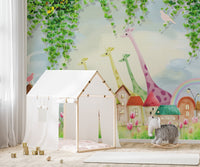 Soft pastel farmyard wall mural with whimsical animals and small houses behind a grey rug.