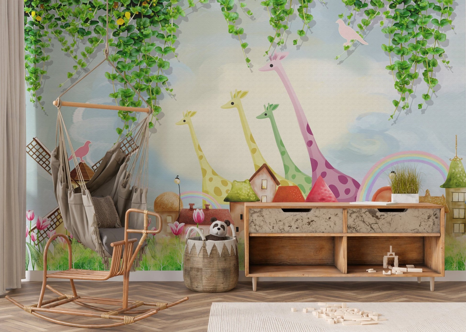 Kids area wall mural with farmyard illustrations and a natural wood rocking chair.