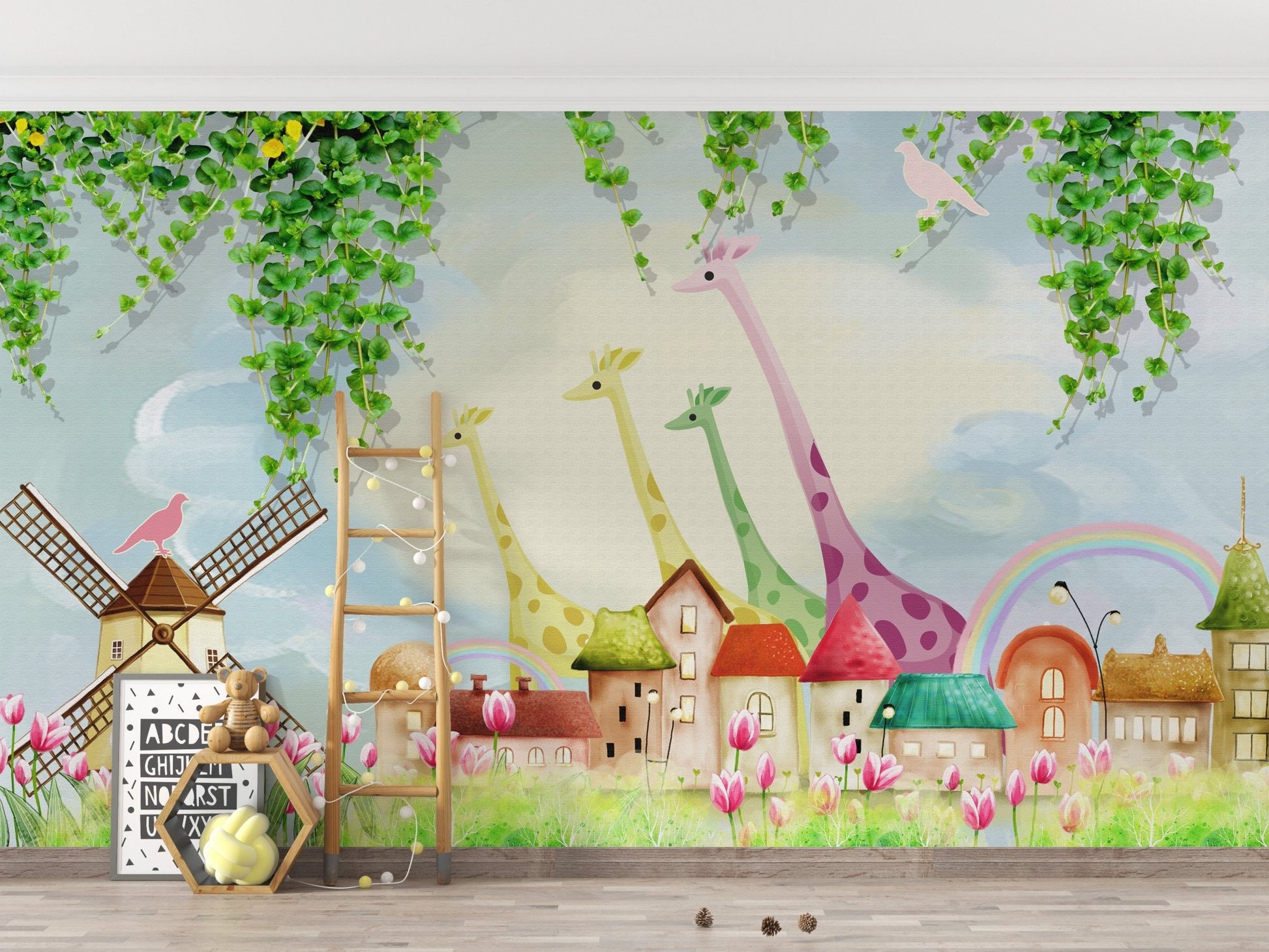 Playroom wall mural showing giraffes and farmyard with a wooden ladder.