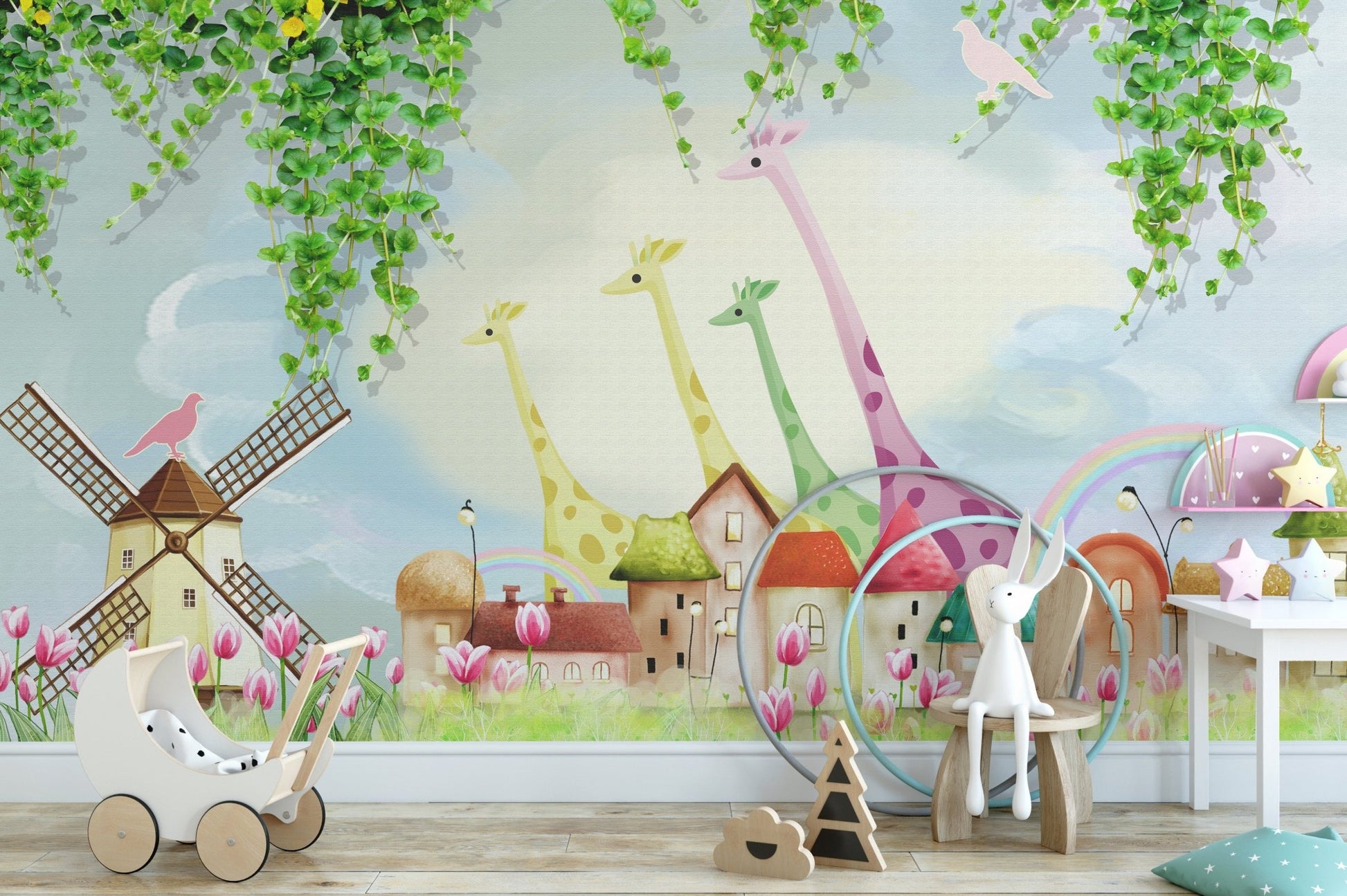 Giraffe themed watercolor wall mural with green hanging vines and pink tulips in a nursery.