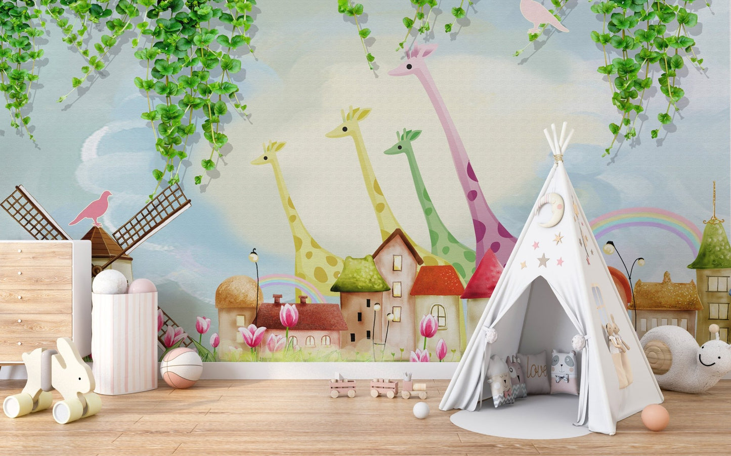 Farmyard wall mural with colorful animals and a white teepee tent on a wooden floor.