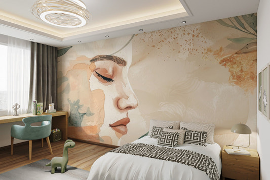 Watercolor feminine portrait wallpaper with gold leaf accents.