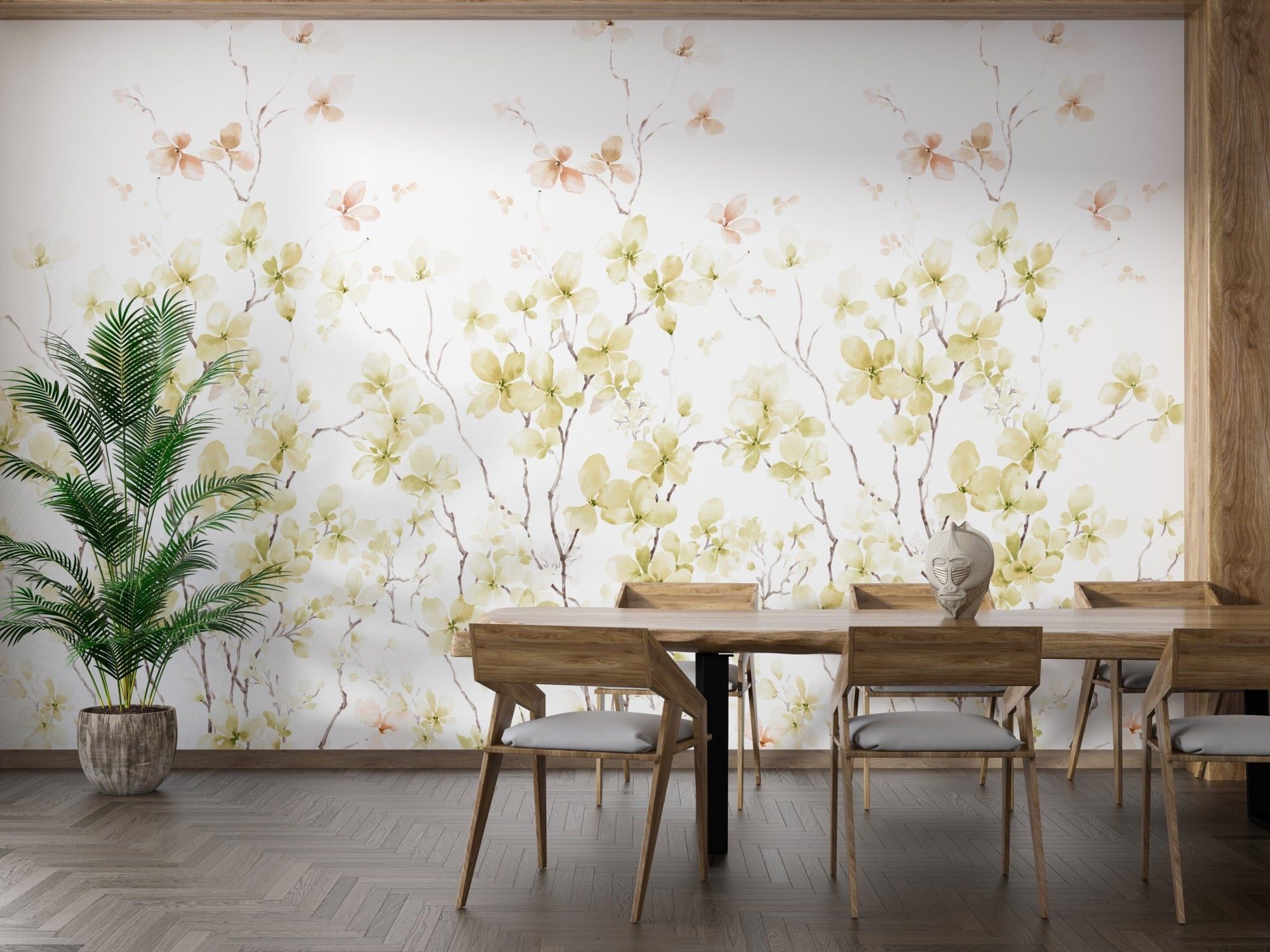 Watercolor Floral Art Wall Murals in a modern dining room with wooden furniture.