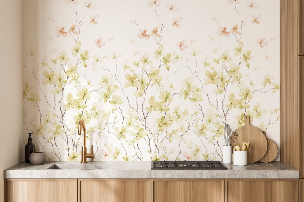 Kitchen backsplash area featuring a watercolor floral wall mural.