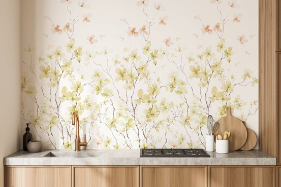 Kitchen backsplash area featuring a watercolor floral wall mural.