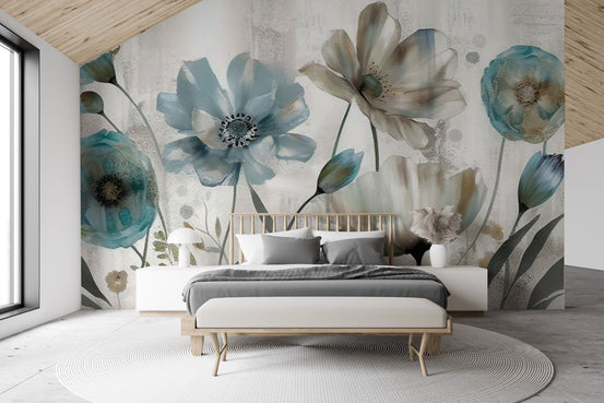 Watercolor floral botanical wall mural with soft teal and beige blossoms.