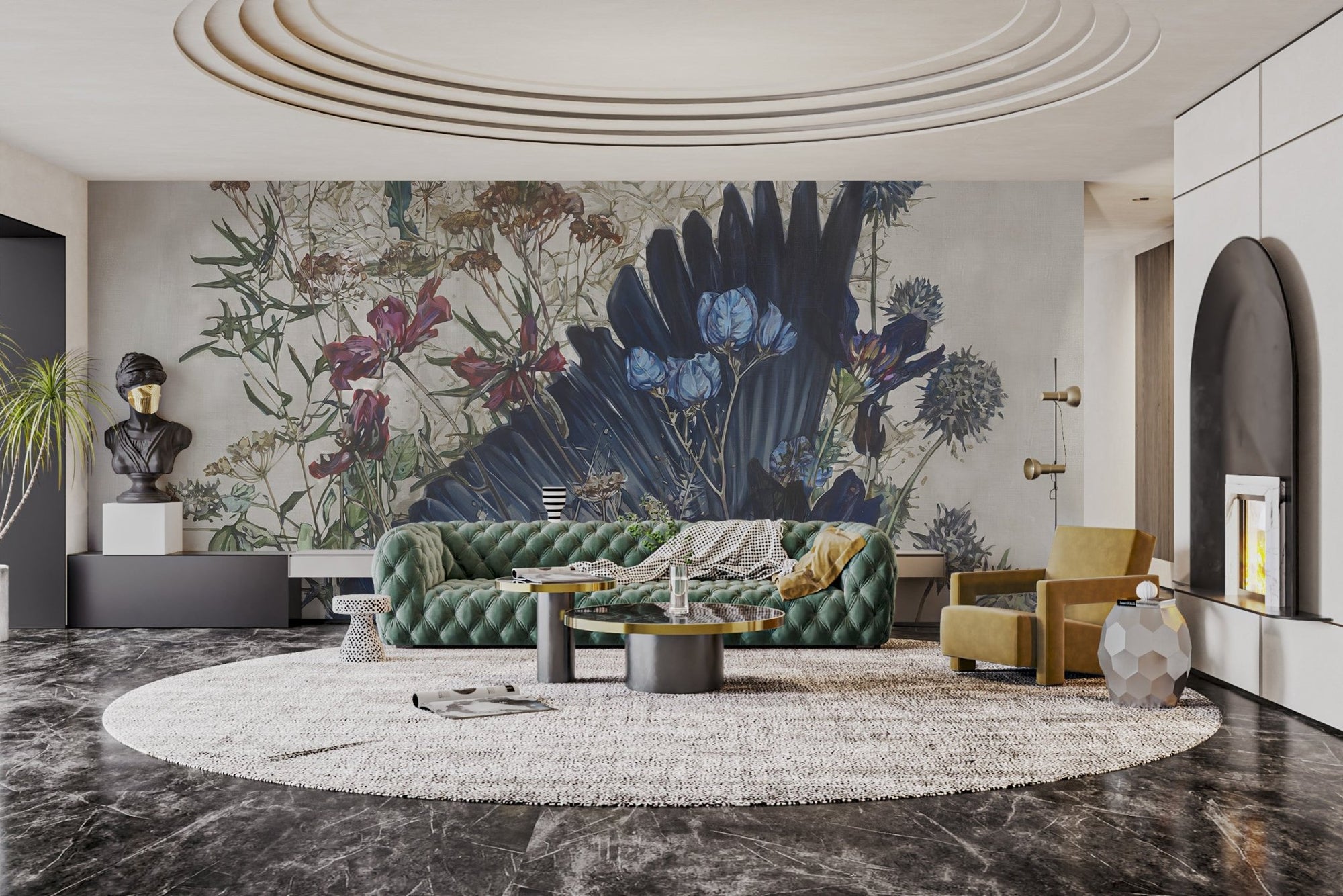 Watercolor floral harmony wall mural with navy blue blooms wallpaper.