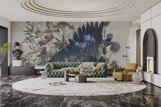 Watercolor floral harmony wall mural with navy blue blooms wallpaper.