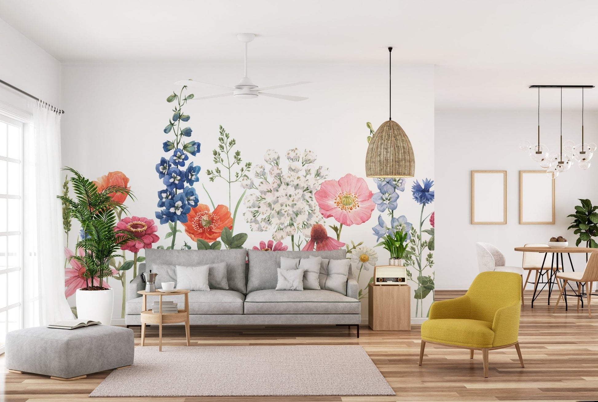 Watercolor floral pattern mural featuring artistic blossoms in open living space.
