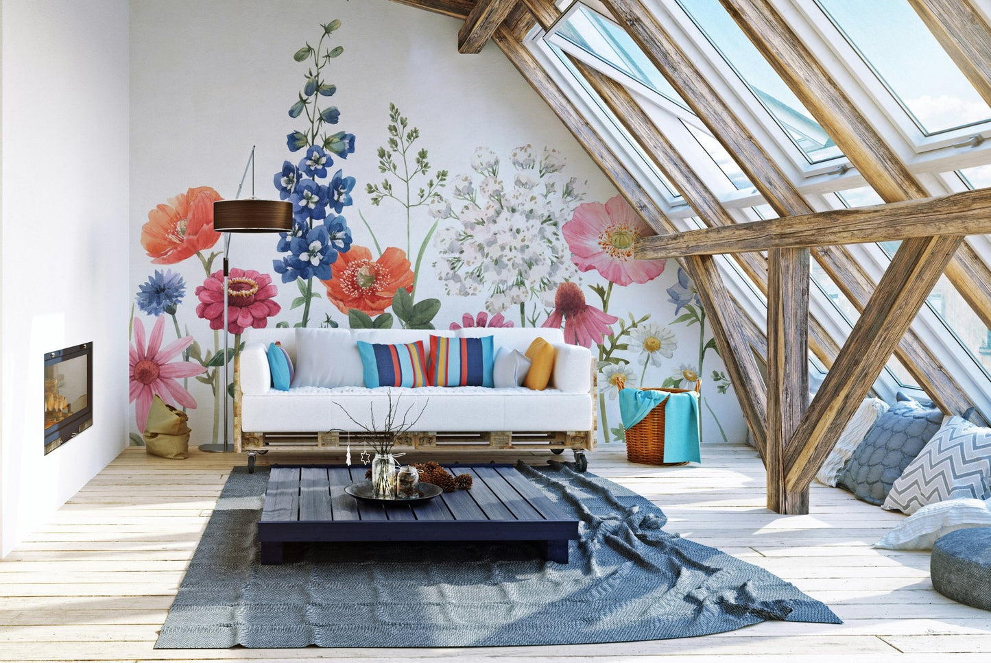 Artistic watercolor floral wall mural for timeless attic living space interiors.
