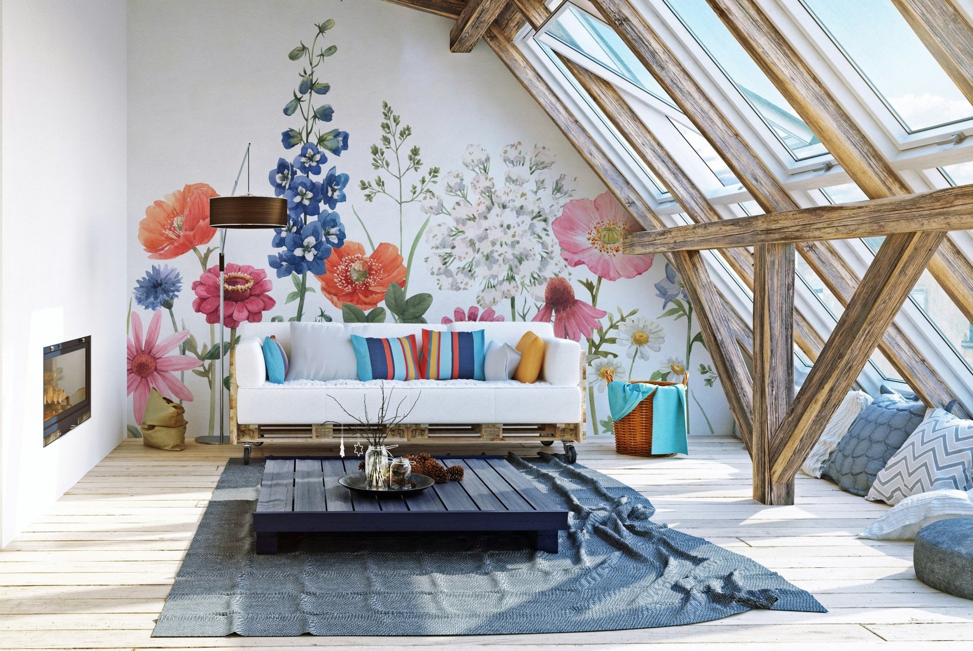 Artistic watercolor floral wall mural for timeless attic living space interiors.
