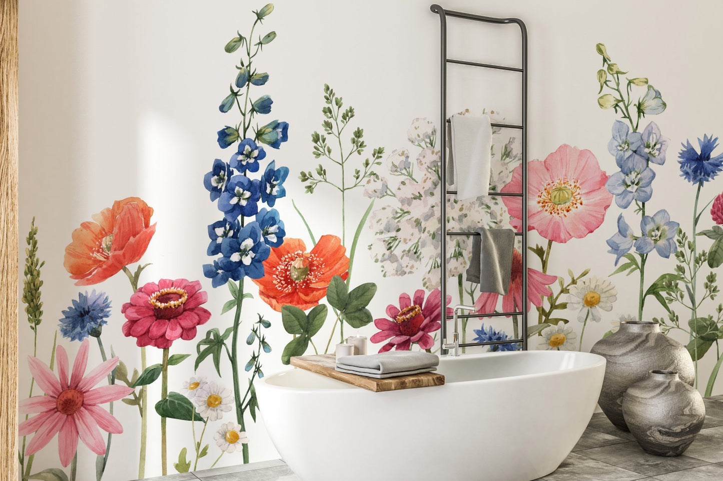 Delicate floral wall mural with watercolor design charm in bathroom.
