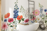 Delicate floral wall mural with watercolor design charm in bathroom.
