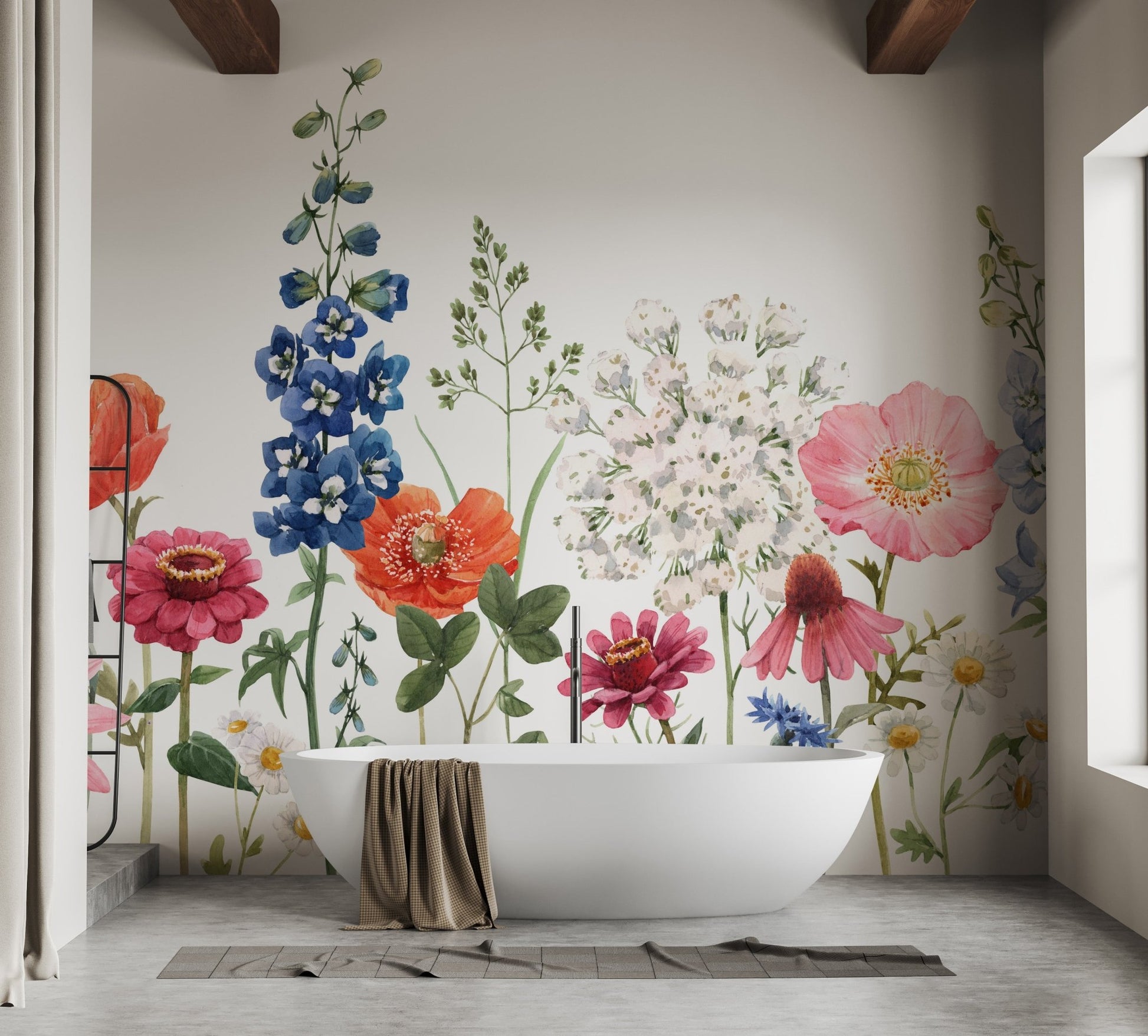 Graceful floral pattern mural with watercolor accents in bathroom.
