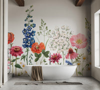 Graceful floral pattern mural with watercolor accents in bathroom.
