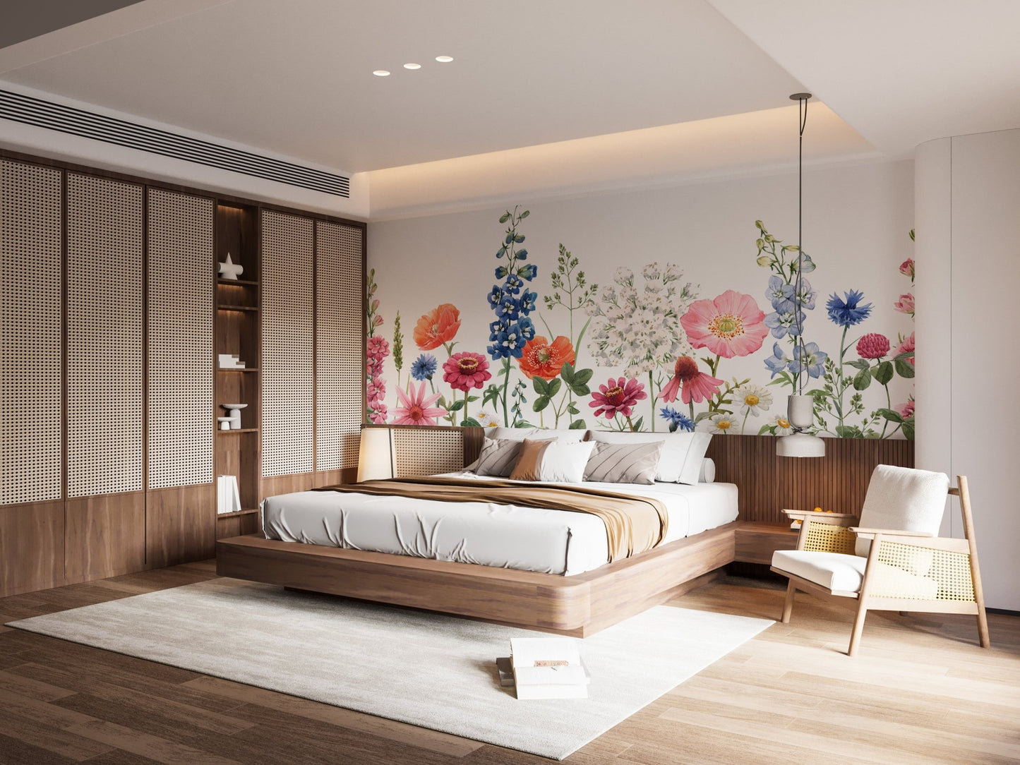 Elegant watercolor floral mural with soft blooming patterns in bedroom.
