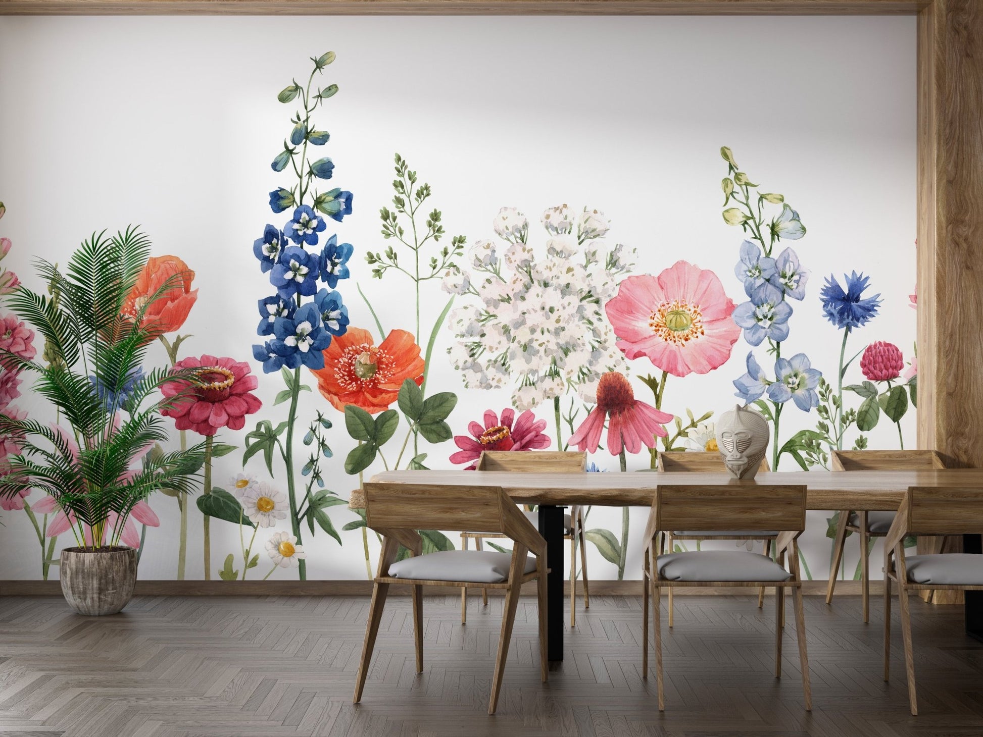 Watercolor floral pattern mural for serene dining room wall decor.
