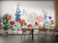 Watercolor floral pattern mural for serene dining room wall decor.
