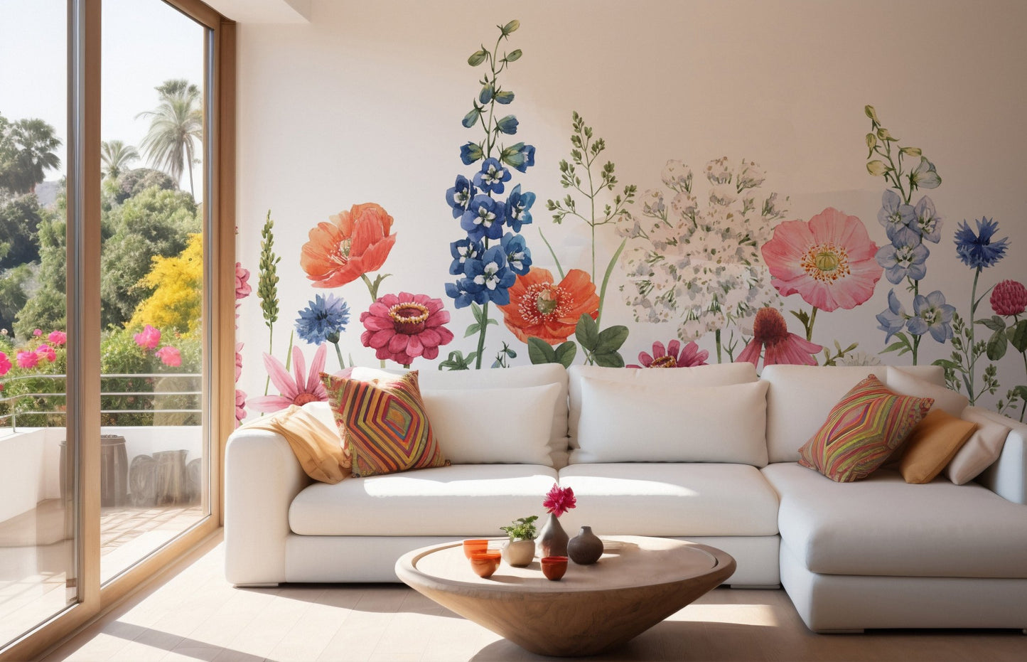 Beautiful floral mural with a watercolor-inspired aesthetic in living room.
