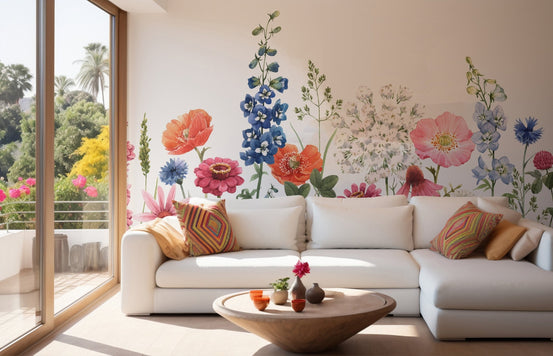 Beautiful floral mural with a watercolor-inspired aesthetic in living room.

