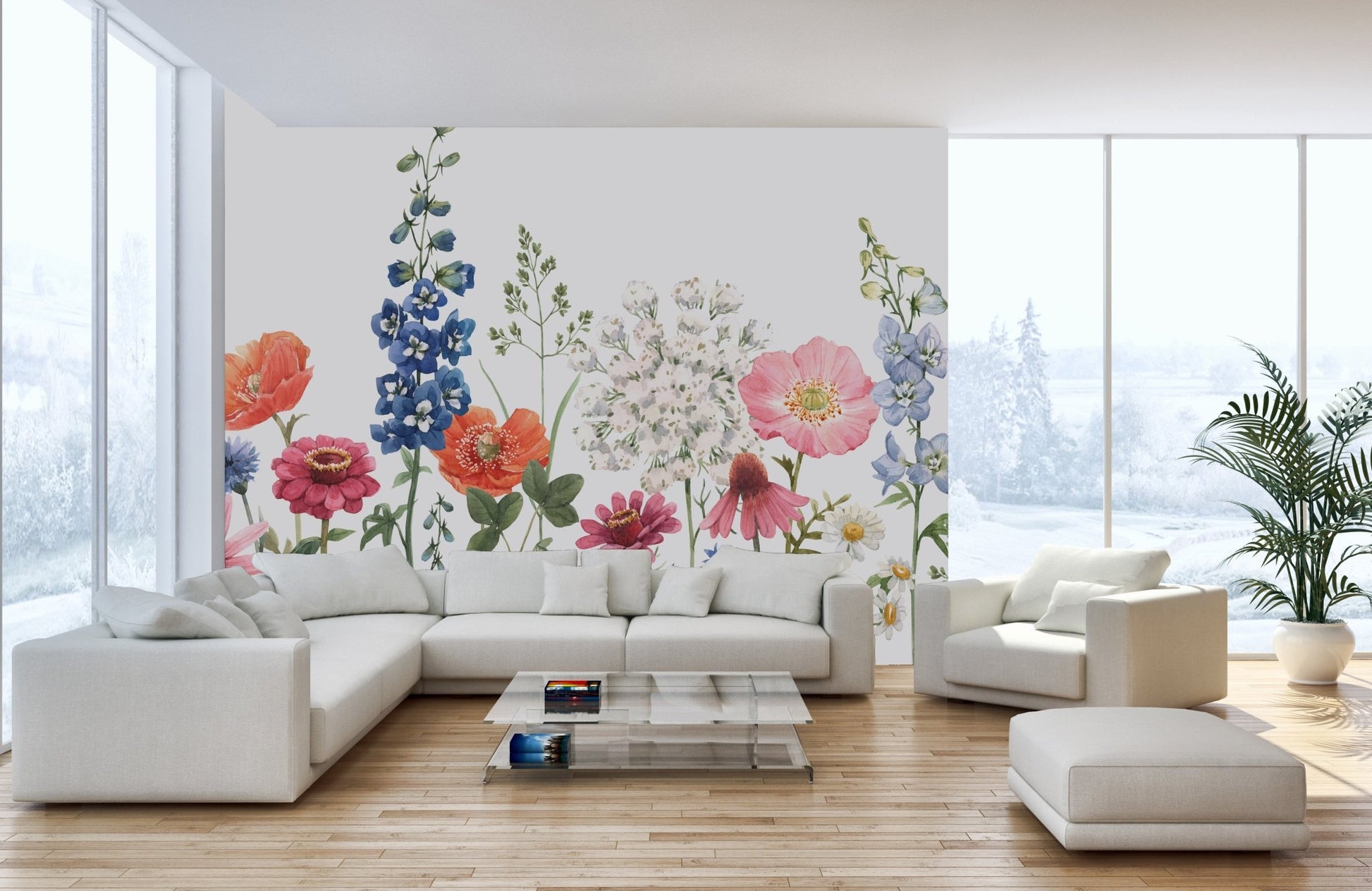 Watercolor floral mural creating a soft, elegant ambiance in home office.