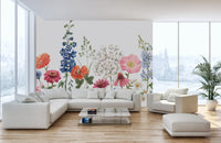 Watercolor floral mural creating a soft, elegant ambiance in home office.