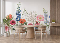 Watercolor floral mural adding charm to  dining wall spaces.
