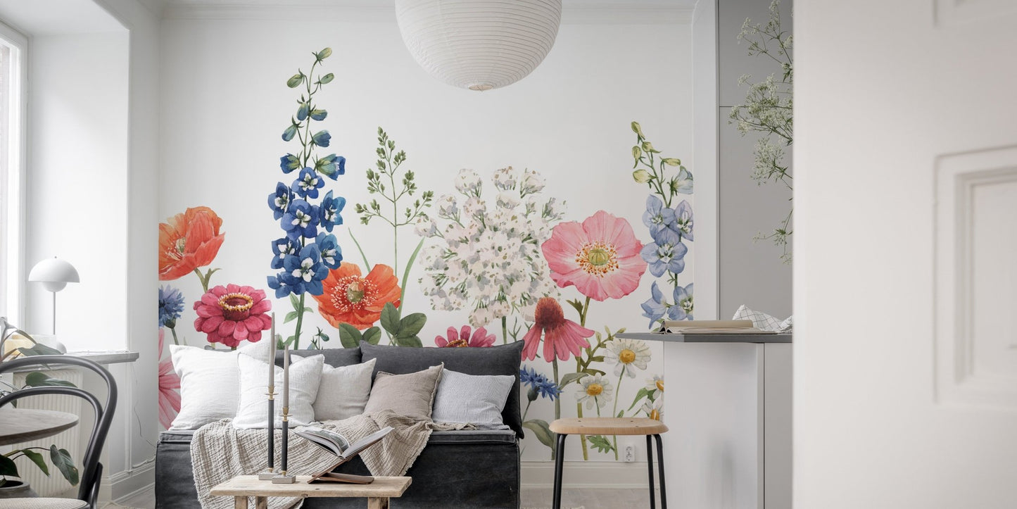 Soft and artistic floral watercolor mural for elegant living room walls.
