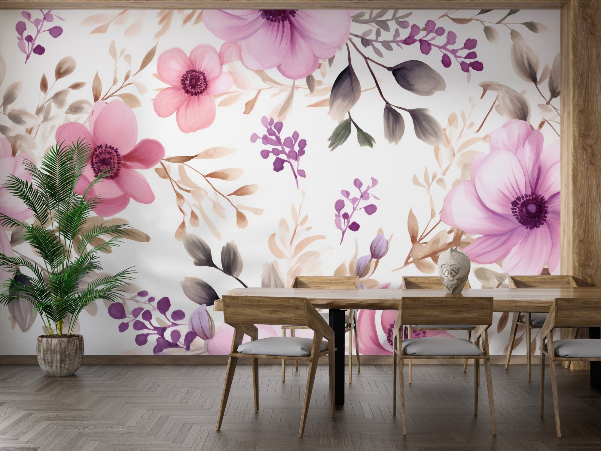Watercolor floral pattern wallpaper with pink blossoms and neutral leaves.