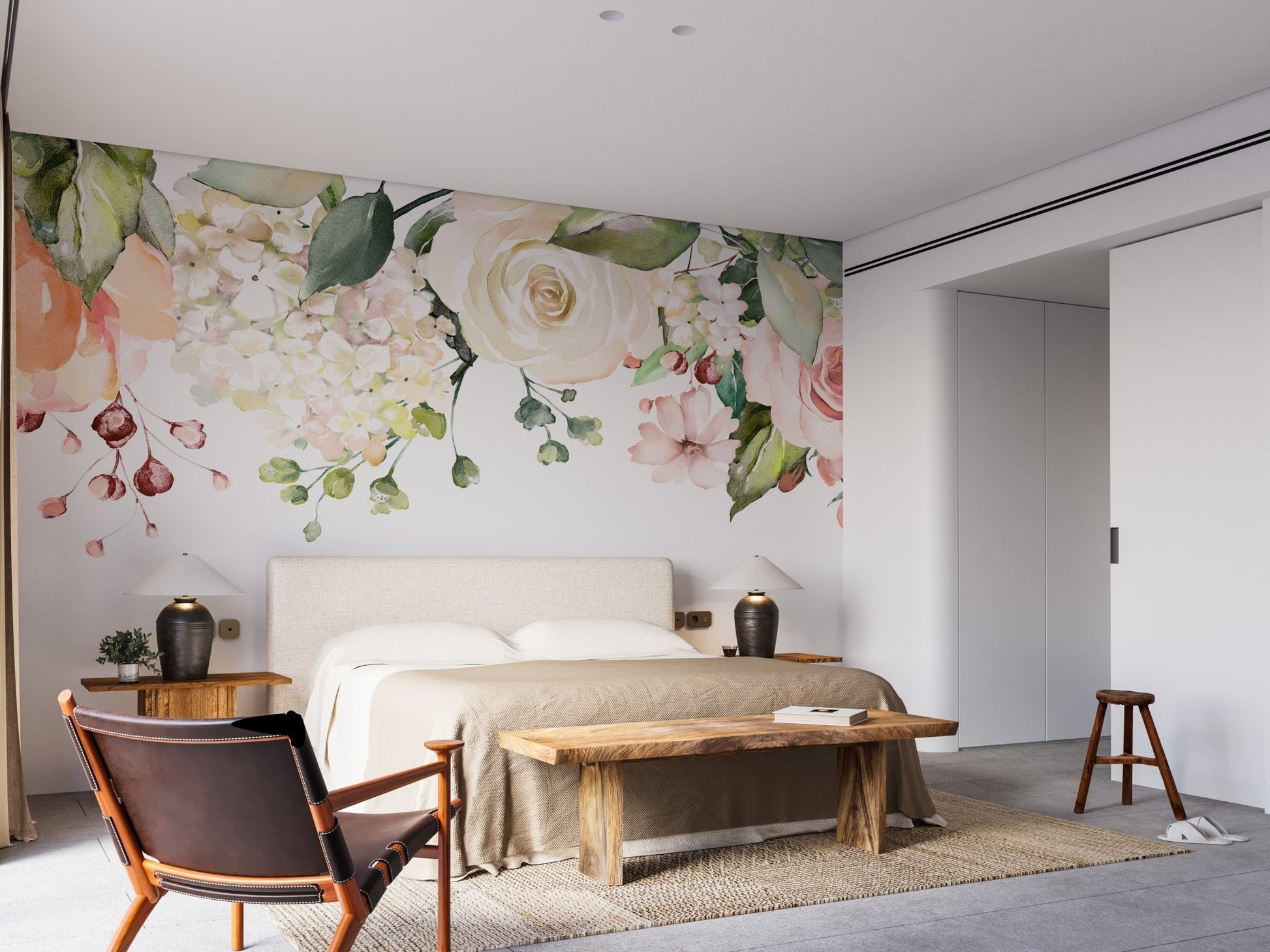 Watercolor floral tapestry mural with vibrant blooms for bedroom walls.
