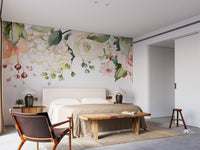 Watercolor floral tapestry mural with vibrant blooms for bedroom walls.
