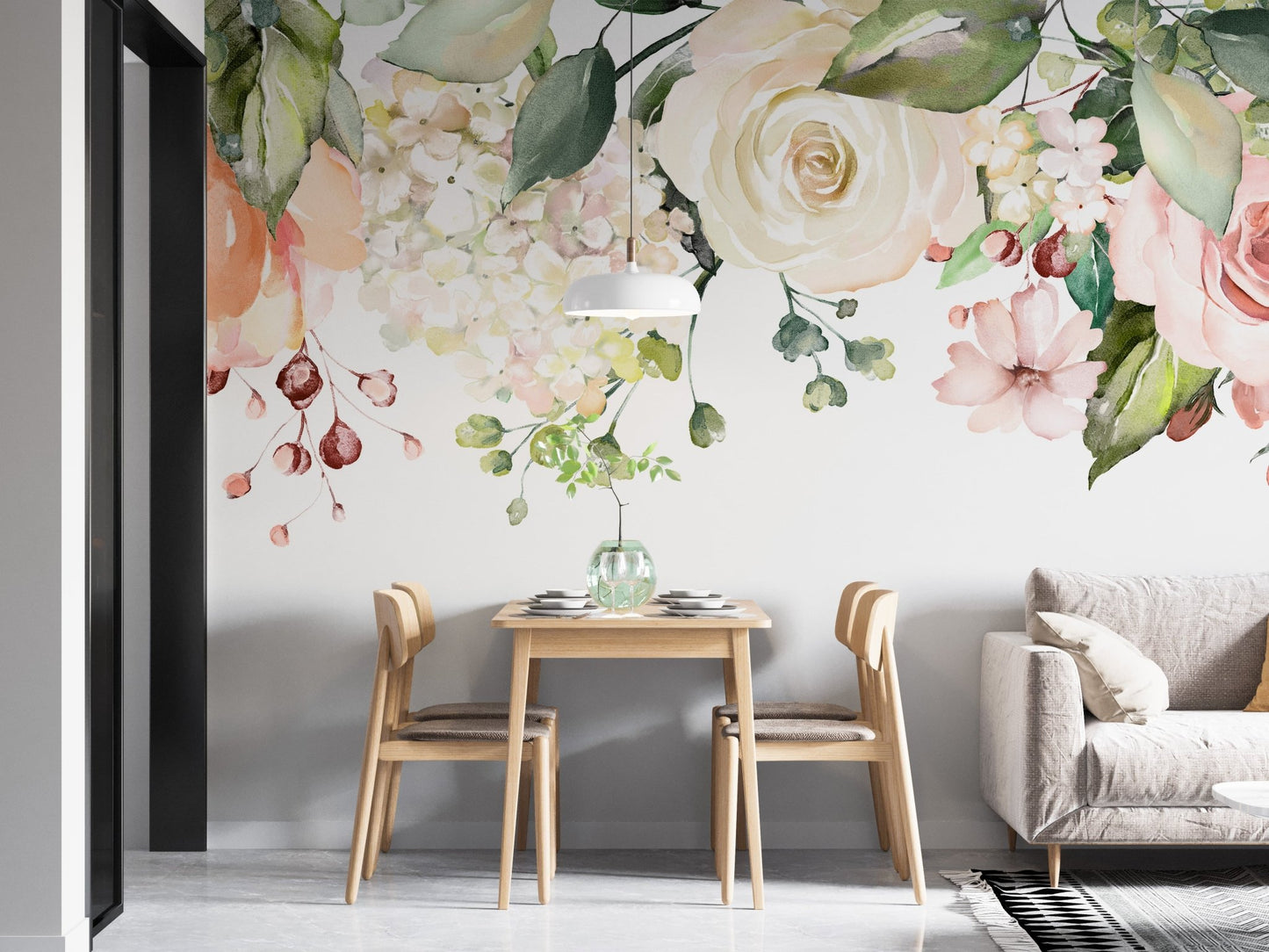Artistic floral mural featuring watercolor tapestry designs in dining room.
