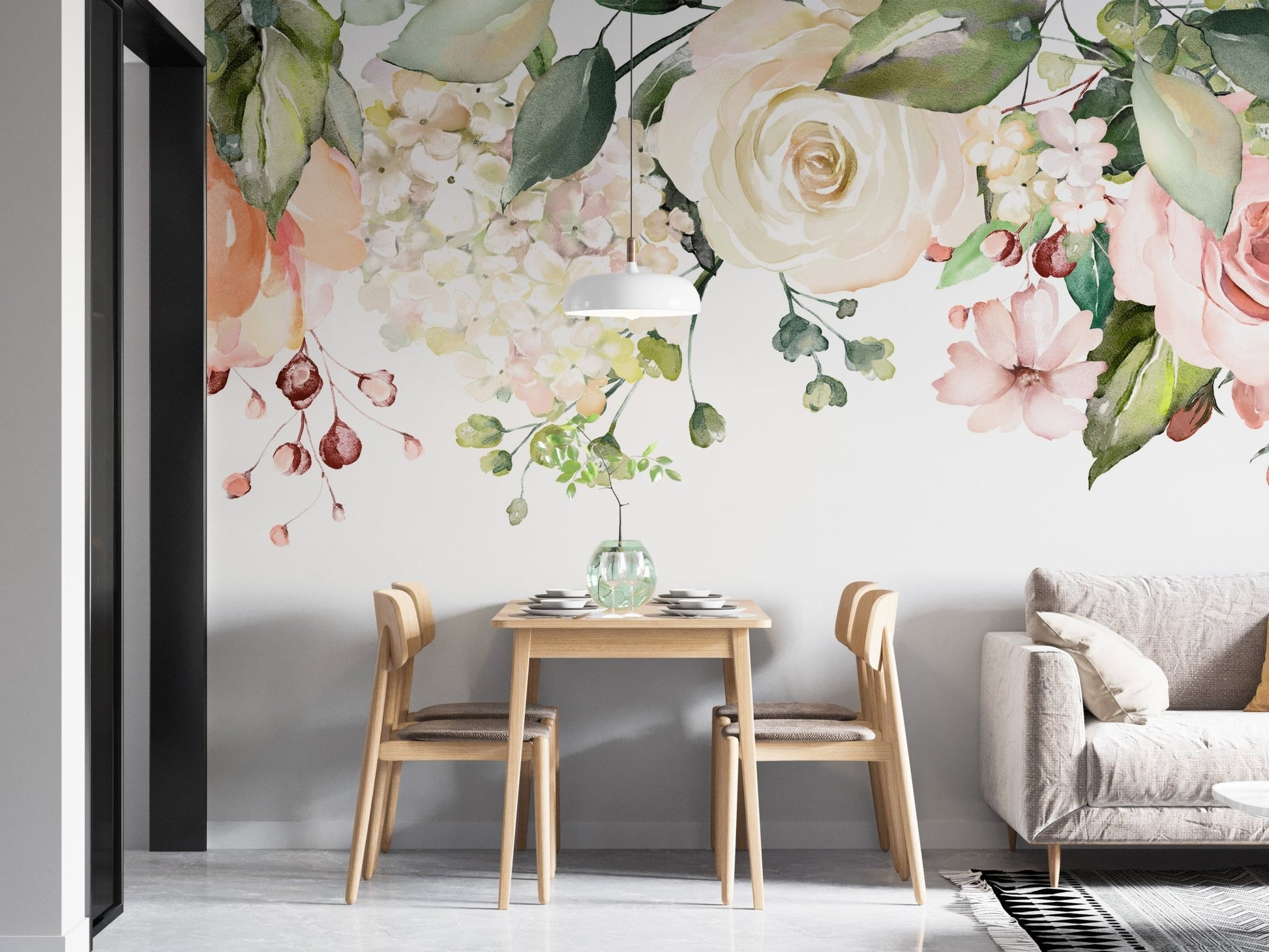 Artistic floral mural featuring watercolor tapestry designs in dining room.
