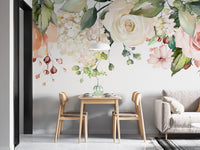 Artistic floral mural featuring watercolor tapestry designs in dining room.
