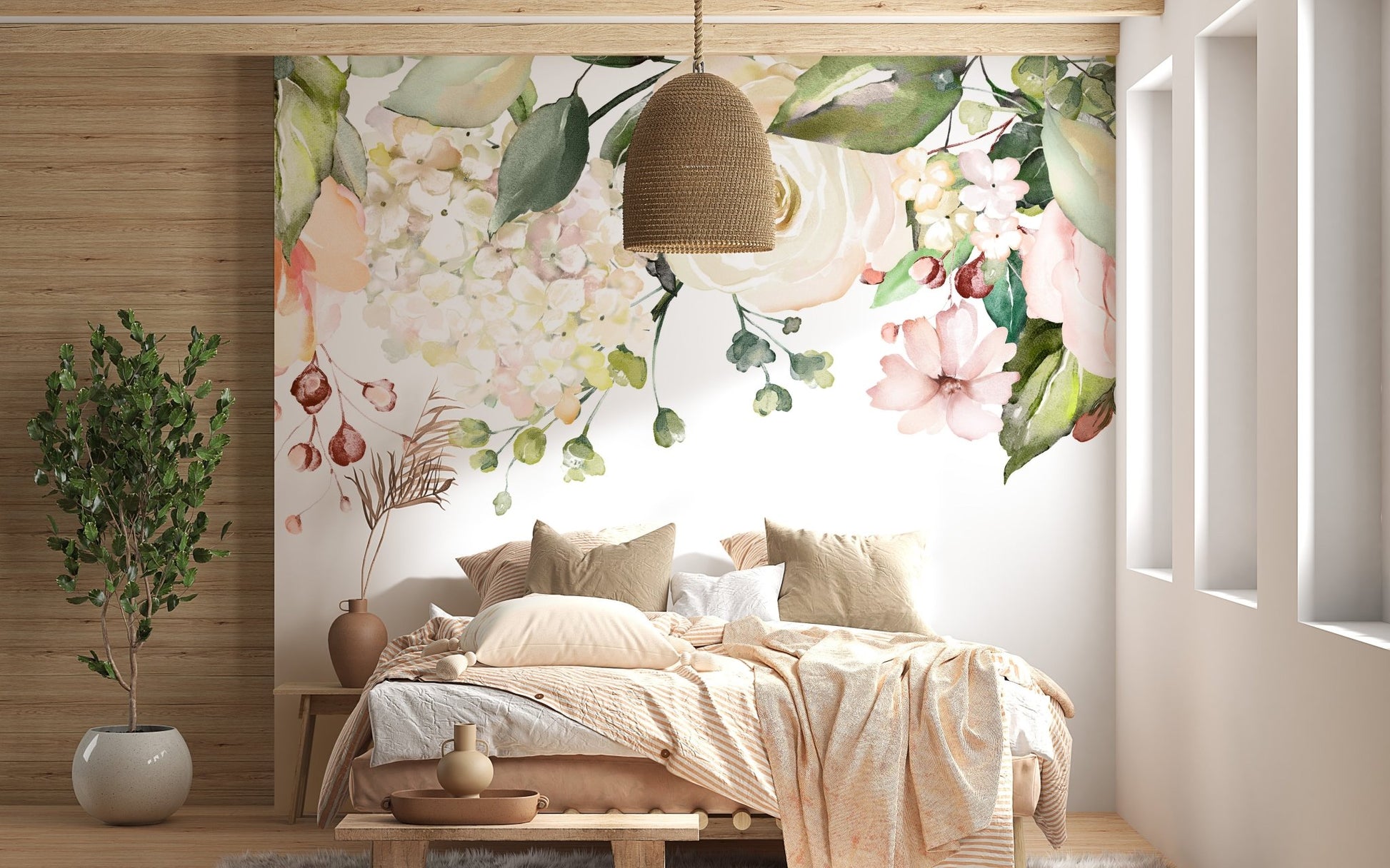 Vibrant floral mural in watercolor tapestry style for bedroom interiors.
