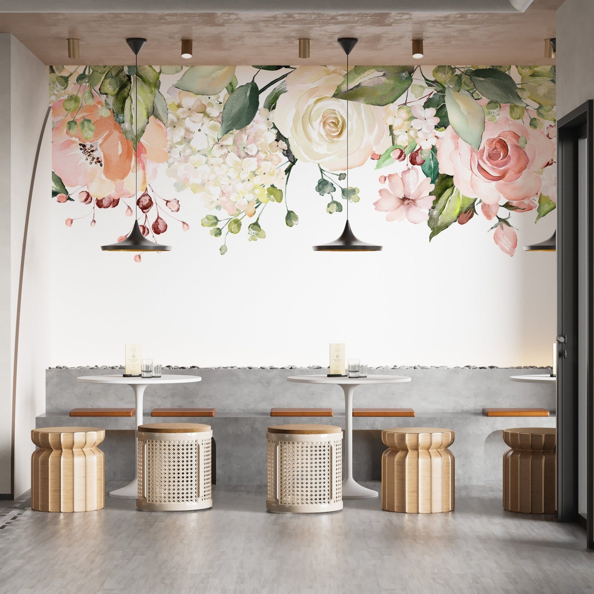 Elegant watercolor tapestry mural with soft floral patterns in cafe area.
