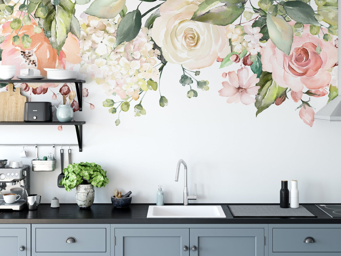 Wall mural showcasing floral watercolor tapestry artistry in kitchen backdrop.
