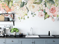 Wall mural showcasing floral watercolor tapestry artistry in kitchen backdrop.
