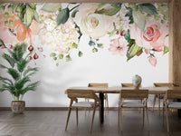 Watercolor floral tapestry mural for serene and stylish dining room walls.
