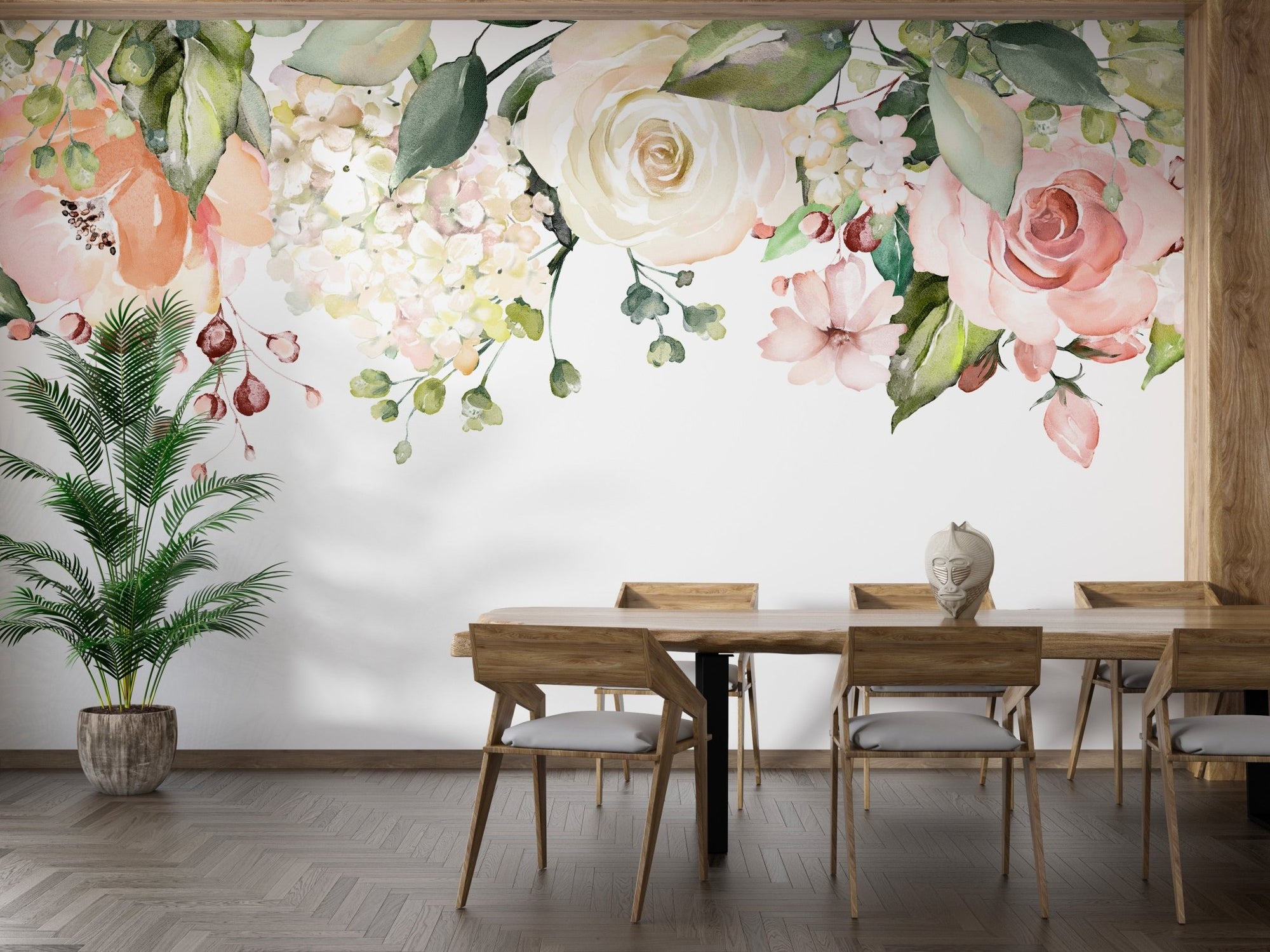 Watercolor floral tapestry mural for serene and stylish dining room walls.
