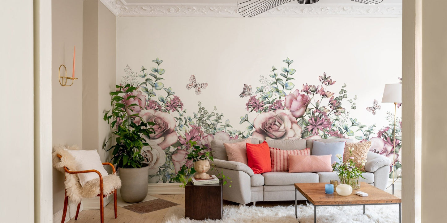 Wall mural showcasing a vibrant watercolor floral landscape.
