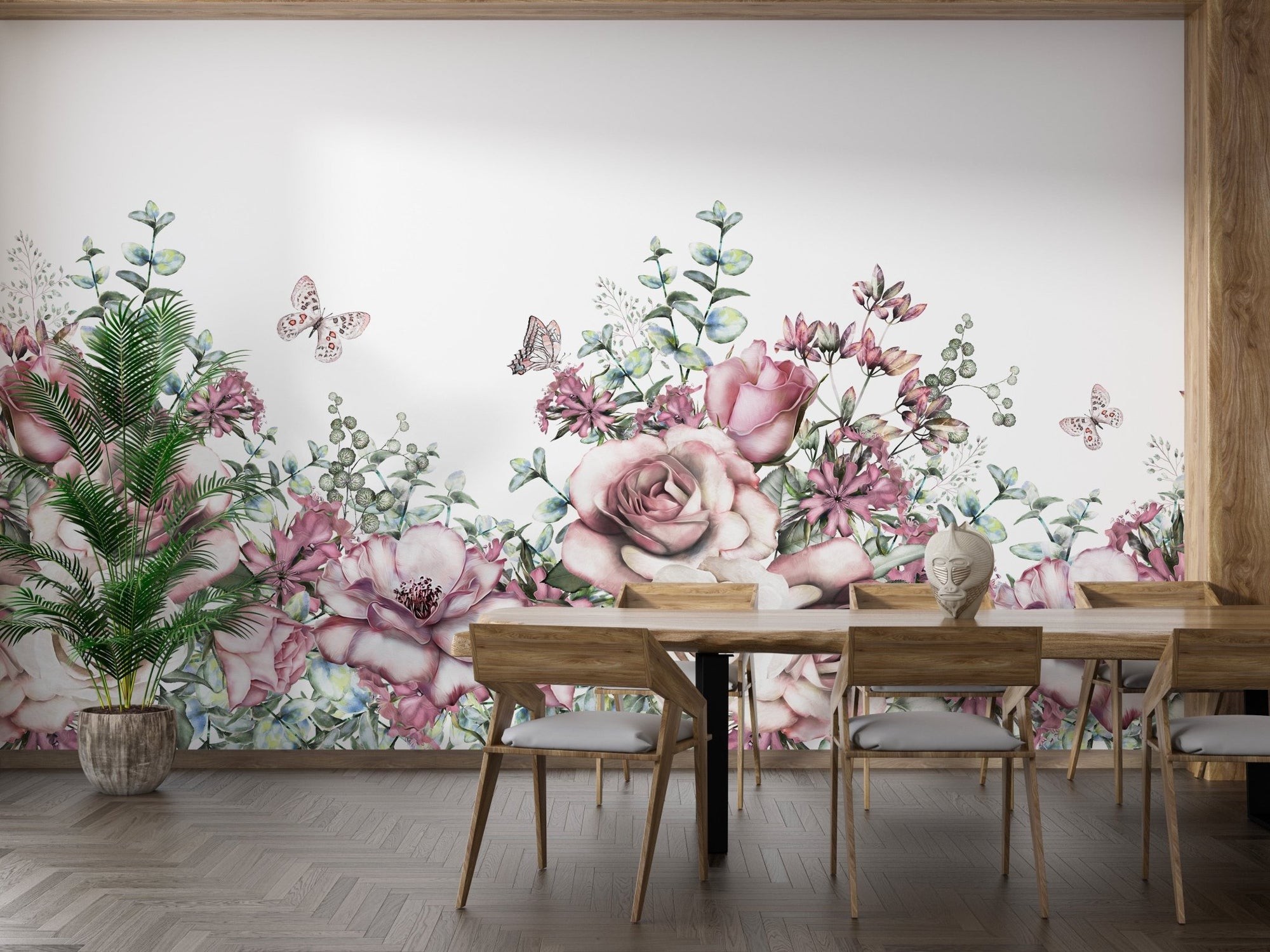Watercolor floral view mural with soft and elegant flower designs in dining area.
