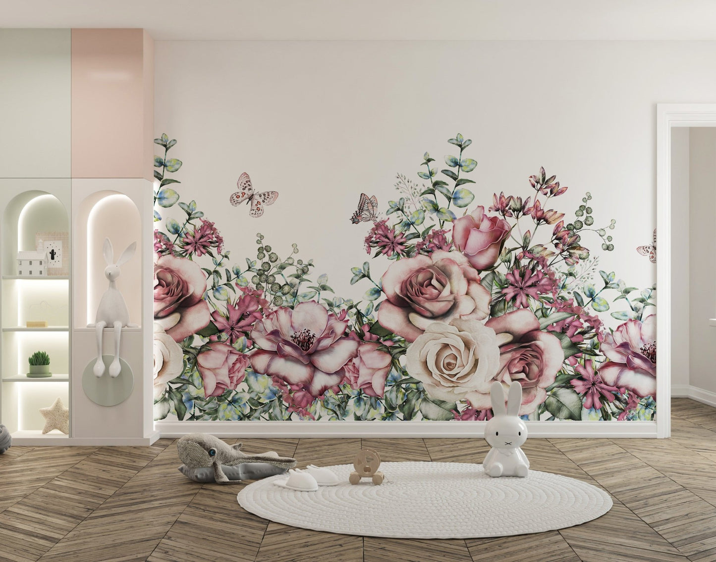 Watercolor floral mural for serene and graceful wall decor.
