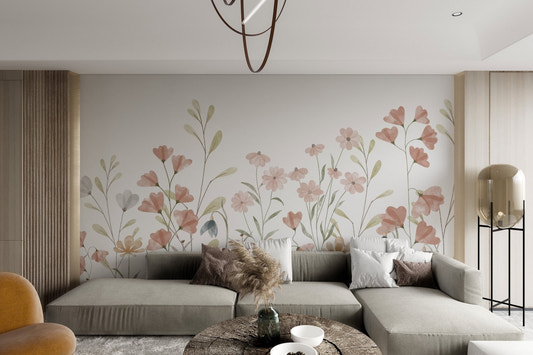 Watercolor floral wallpaper mural with soft pink blooms and green leaves.