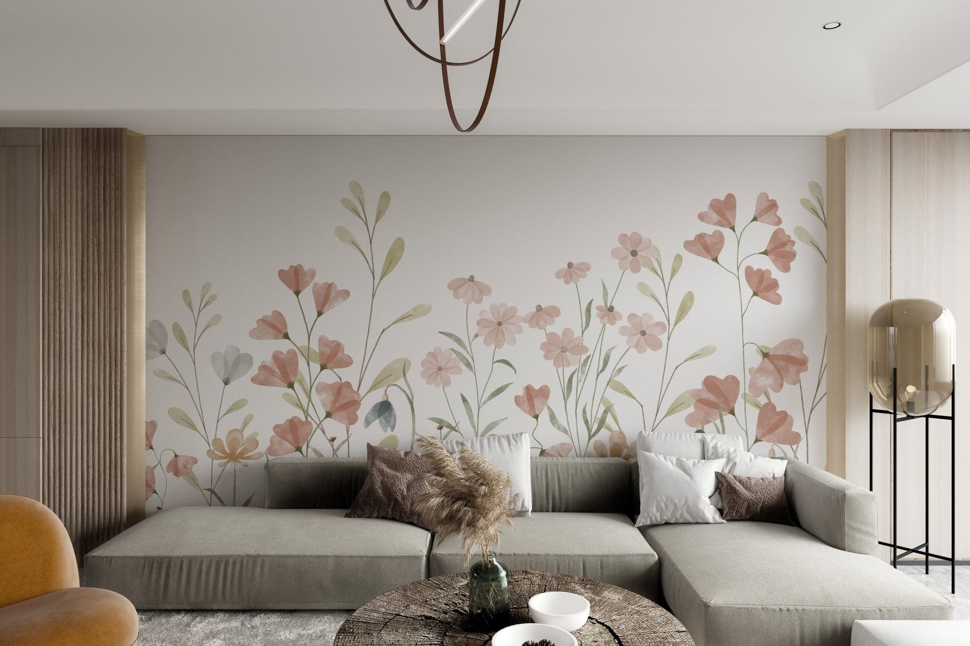Watercolor floral wallpaper mural with soft pink blooms and green leaves.