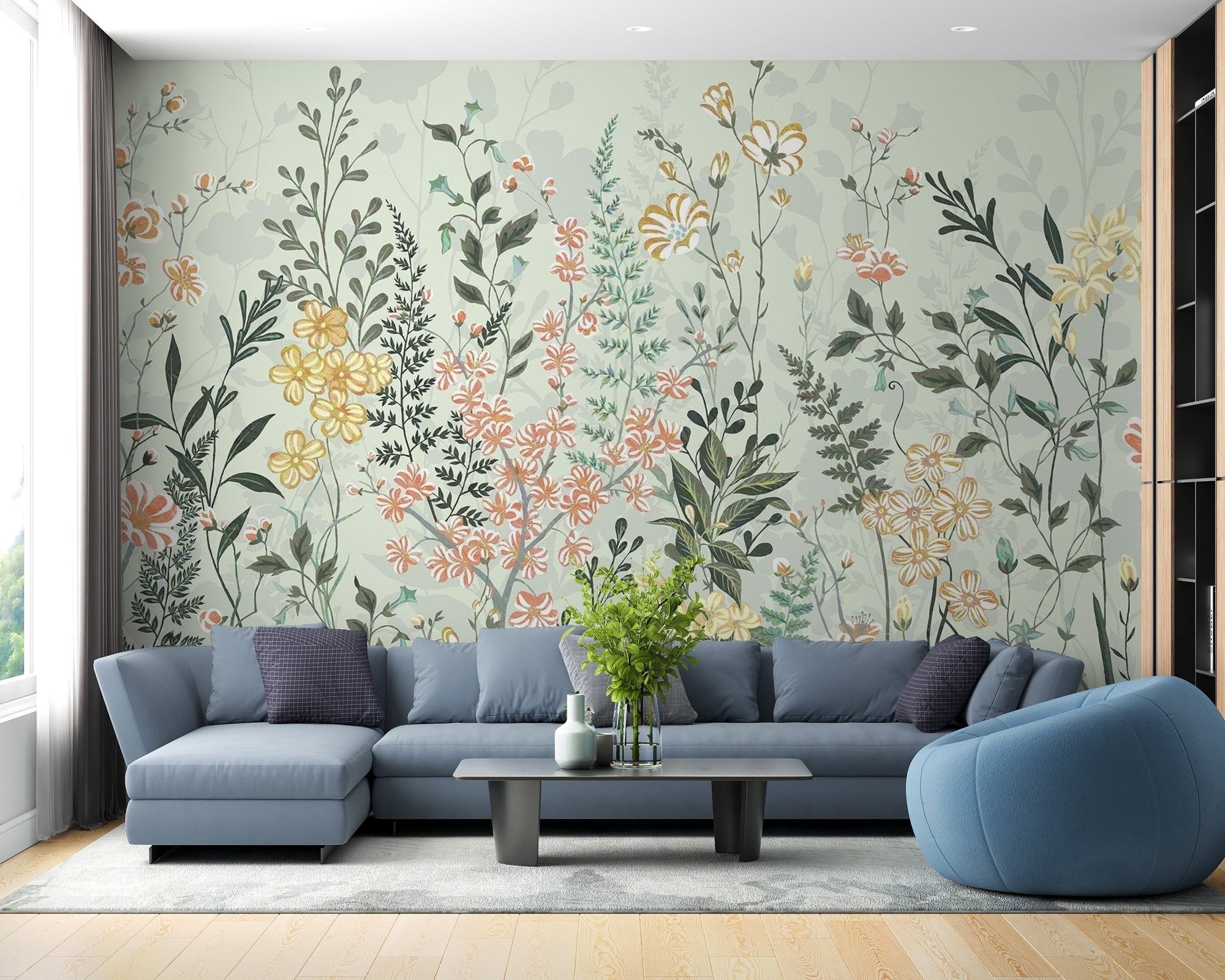 Watercolor flower meadow wallpaper in soft pastel shades for home decor.