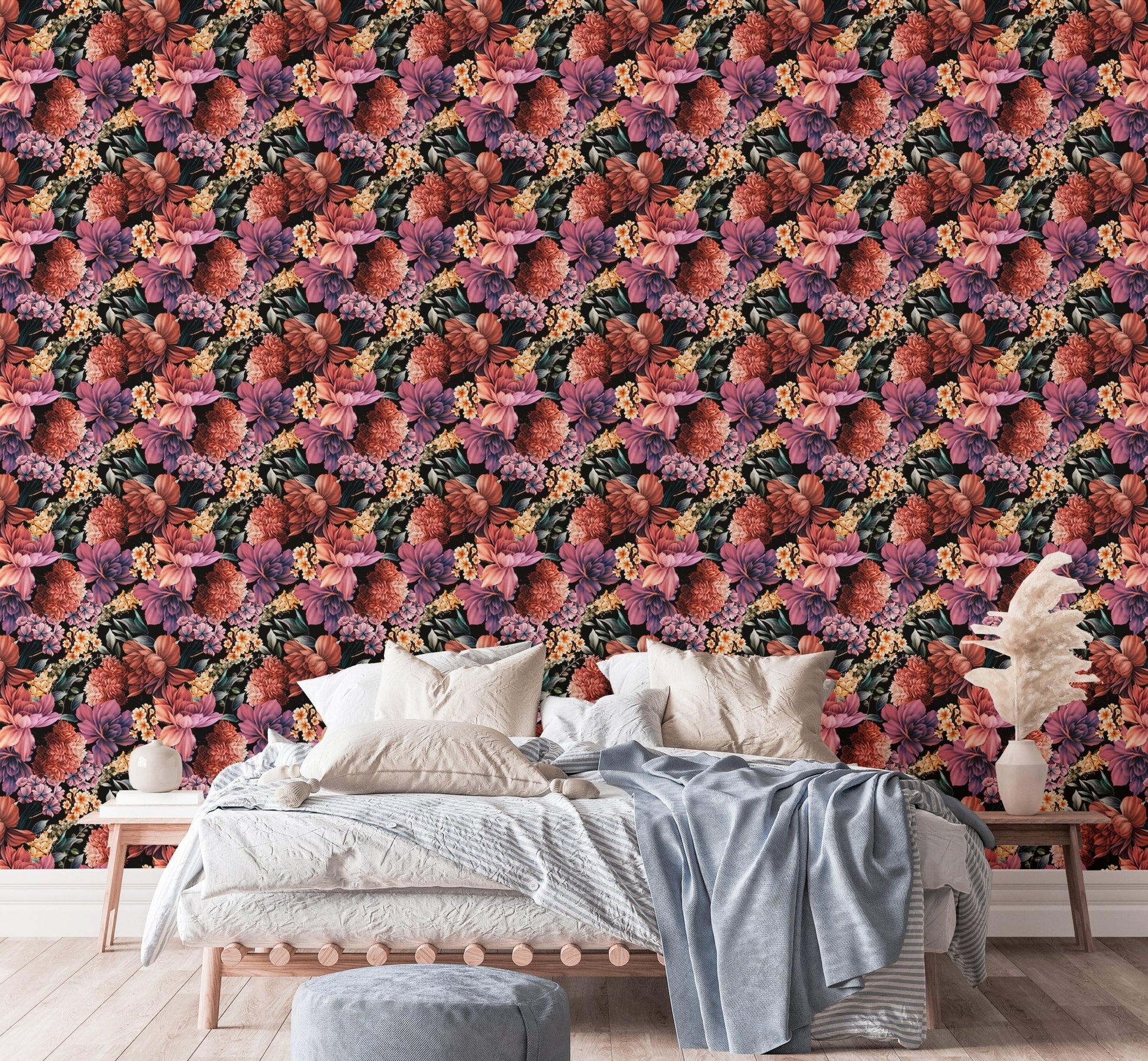 Watercolor Flowers Summer Background Self Adhesive Wallpaper in a bright bedroom.