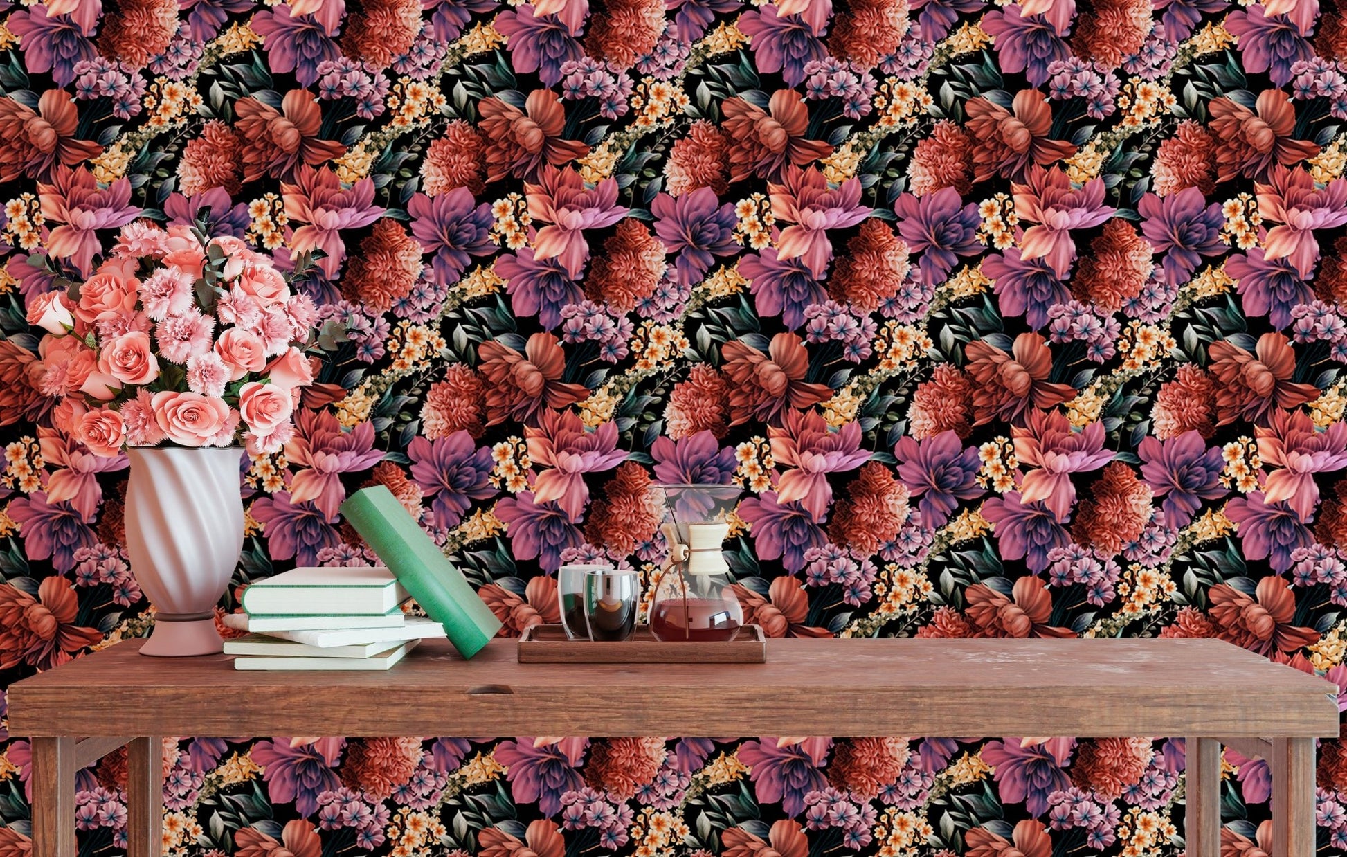 Watercolor Flowers Summer Background Self Adhesive Wallpaper on a study room wall.
