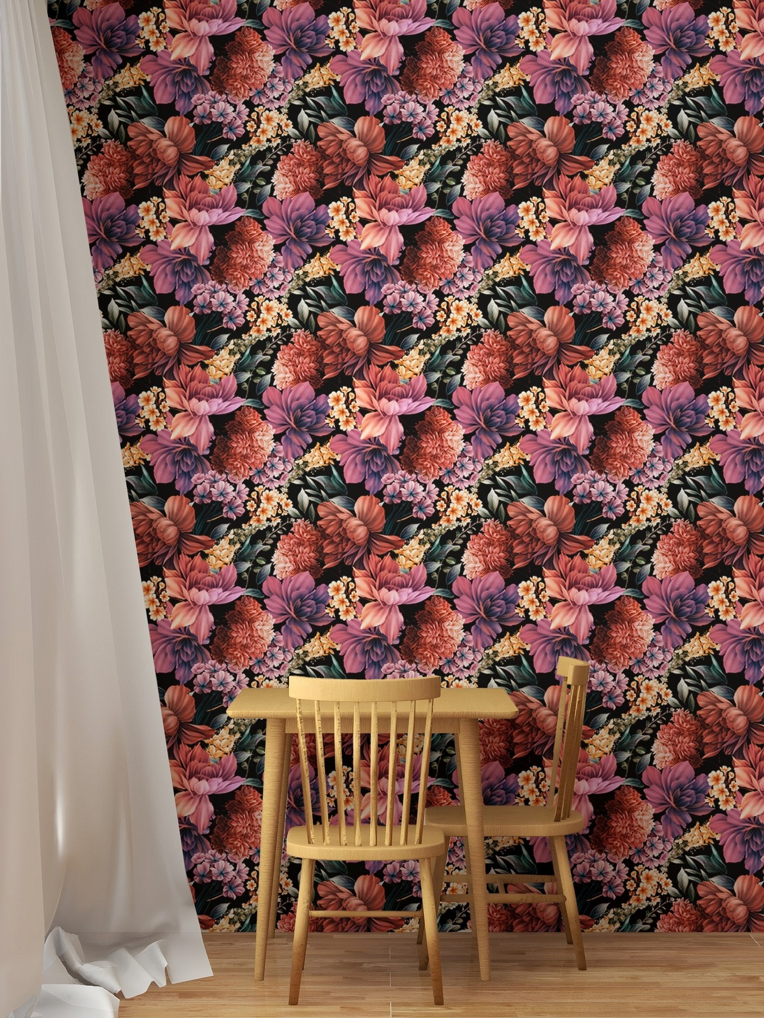 Vibrant flower wallpaper behind a small wooden table and chairs for children space.